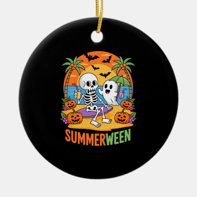 Summerween Skeleton Ghost Beach Halloween-Party Fu Keramik Ornament (Vorne)