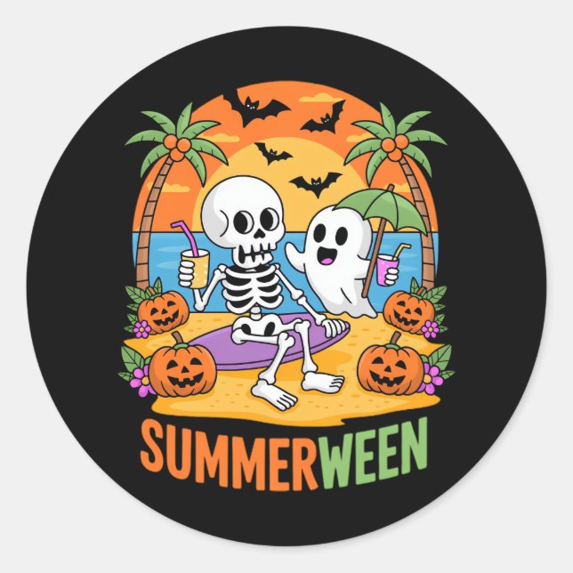 Summerween Skeleton Ghost Beach Halloween-Party Fu Runder Aufkleber (Vorderseite)