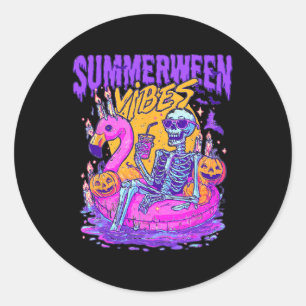 Summerween Skeleton Halloween Flamingo Vibes Runder Aufkleber