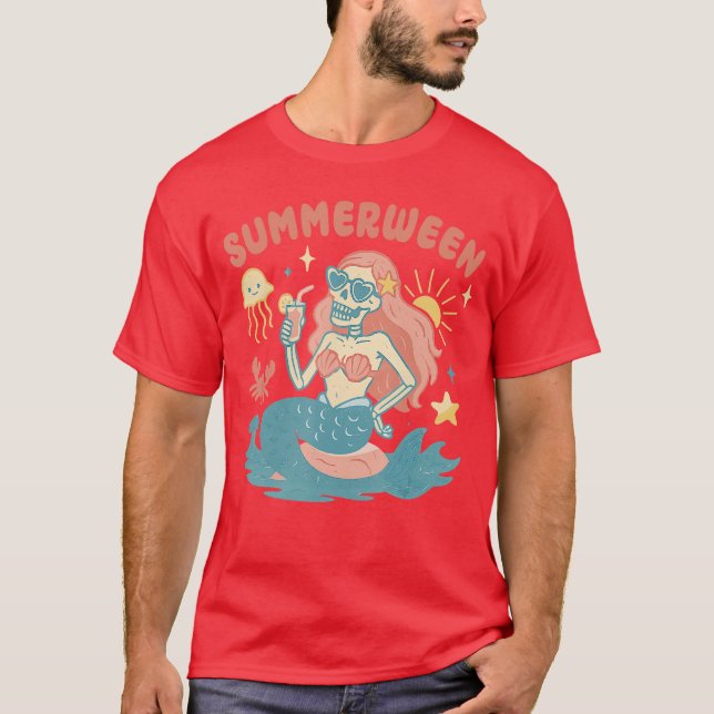 Summerween Skeleton Mermaid Beach Flamingo Hallowe T-Shirt (Vorderseite)