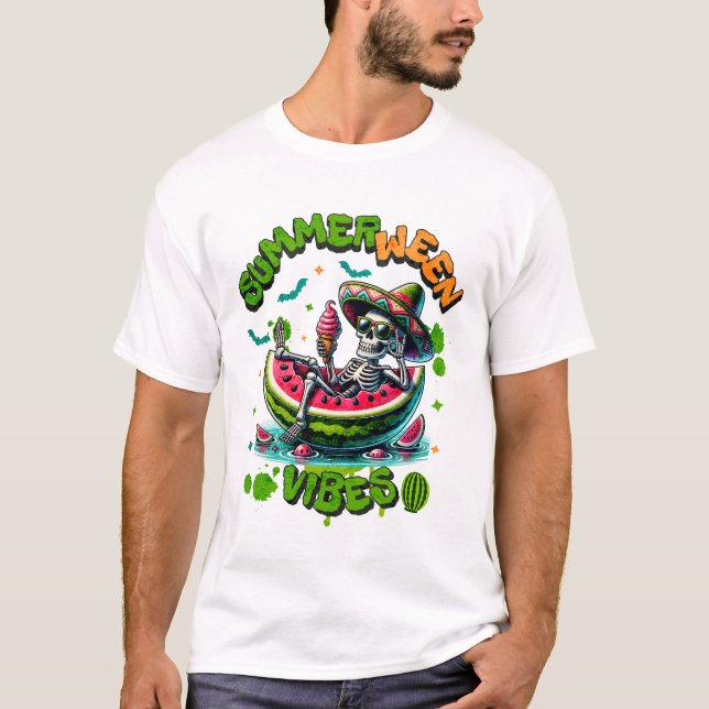 Summerween-Skelett auf Wassermelonen-Boot-Eiscreme T-Shirt (Vorderseite)