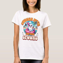 Summerween Spooky Cute Ghost Flamingo Float Beach T-Shirt