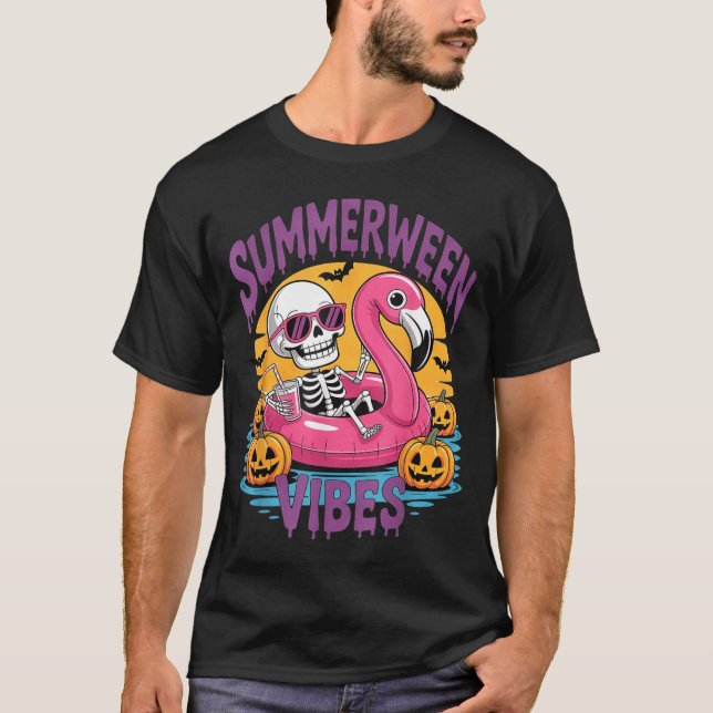 Summerween Stimmung Skelett Flamingo Gruselig Hall T-Shirt (Vorderseite)