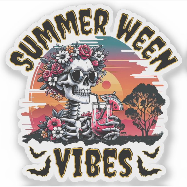 Summerween Sunset Floral Skeleton Tropical Juice Aufkleber (Vorderseite)