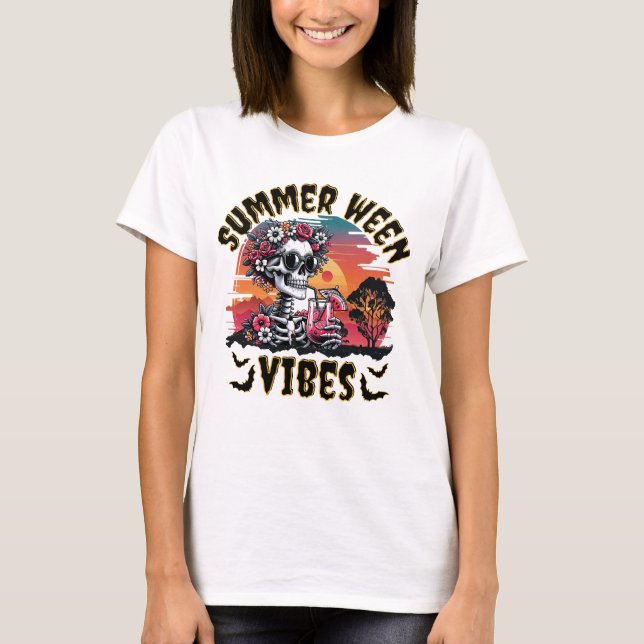Summerween Sunset Floral Skeleton Watermelon Juice T-Shirt (Vorderseite)