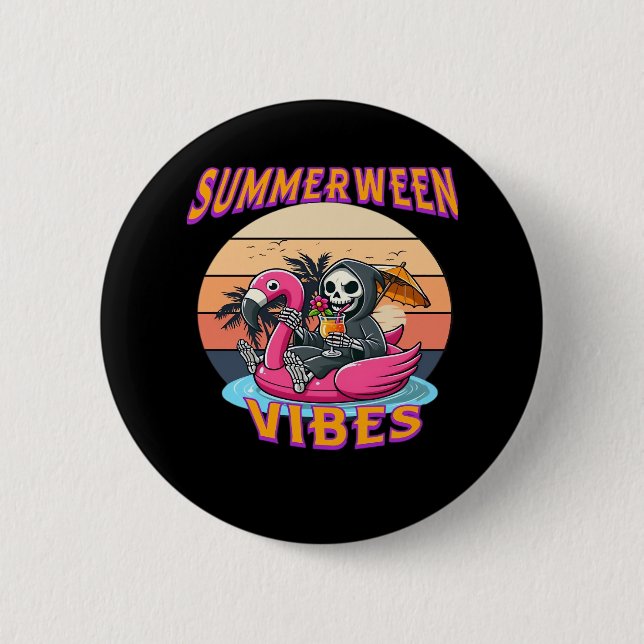 Summerween Vibes Grim Sensenmann Flamingo Float Re Button (Vorderseite)