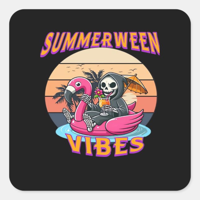 Summerween Vibes Grim Sensenmann Flamingo Float Re Quadratischer Aufkleber (Vorderseite)
