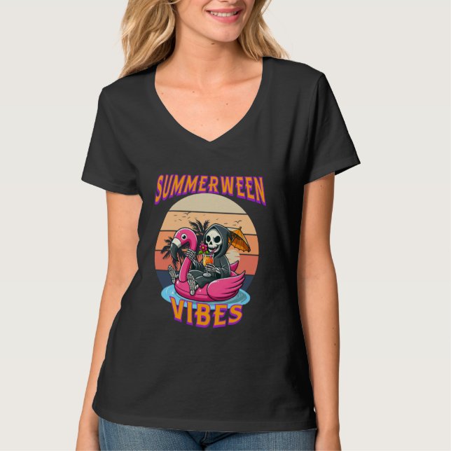Summerween Vibes Grim Sensenmann Flamingo Float Re T-Shirt (Vorderseite)
