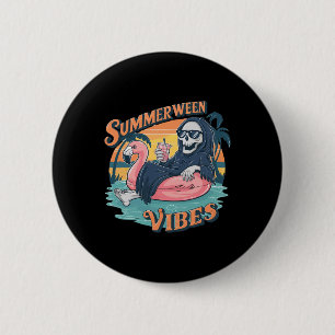 Summerween Vibes Skeleton Flamingo Float Summer Ha Button