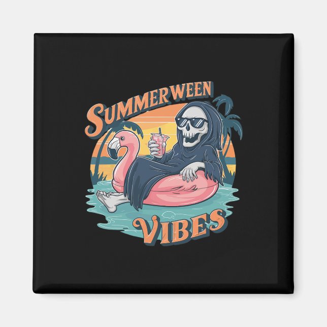 Summerween Vibes Skeleton Flamingo Float Summer Ha Magnet (Vorne)