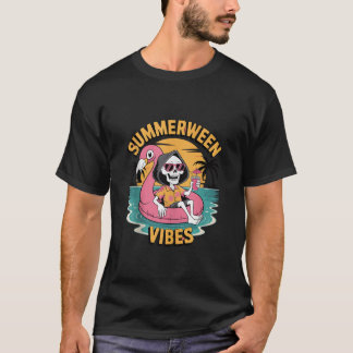 Summerween Vibes Skeleton Flamingo Float Summer Ha T-Shirt