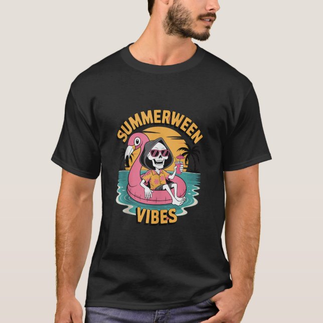 Summerween Vibes Skeleton Flamingo Float Summer Ha T-Shirt (Vorderseite)
