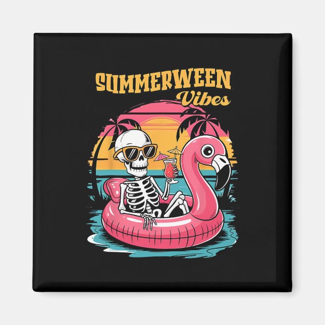 Summerween Vibes Skeleton Flamingo Spooky Hallowee Magnet (Vorne)