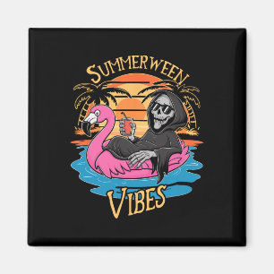 Summerween Vibes Skeleton Flamingo Spooky Hallowee Magnet