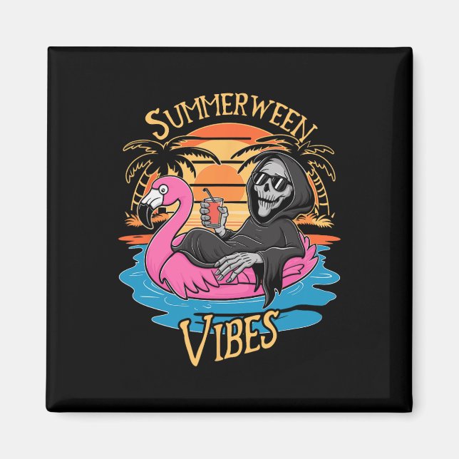 Summerween Vibes Skeleton Flamingo Spooky Hallowee Magnet (Vorne)