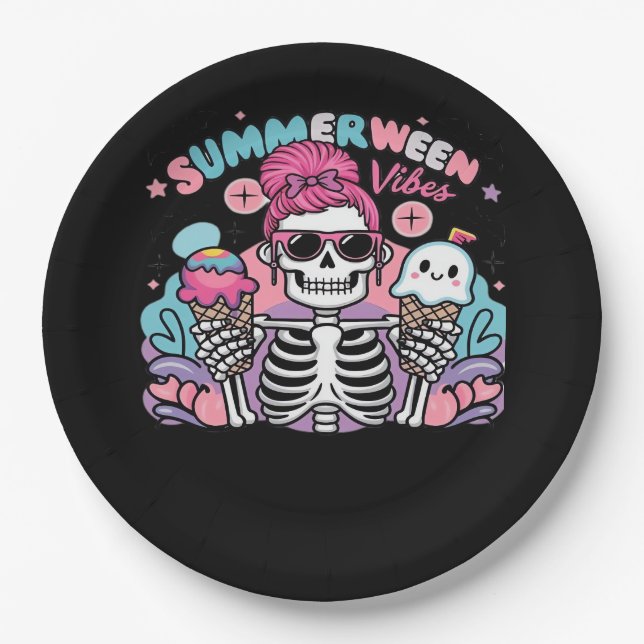 Summerween Vibes Skeleton IceCream Sommerferien Pappteller (Vorderseite)