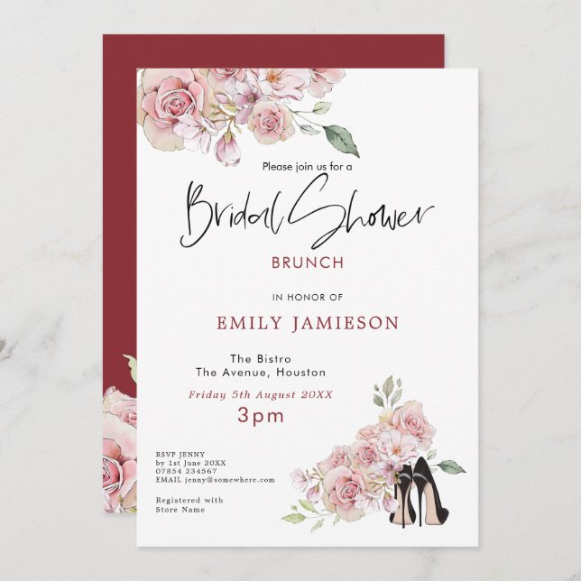 Summery Pink Blume Stilletto Schuhe Brautparty Einladung (Vorne/Hinten)