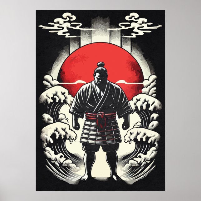 Sumo Wrestler In Red Moon, Japanese Anime Tattoo Poster (Vorne)