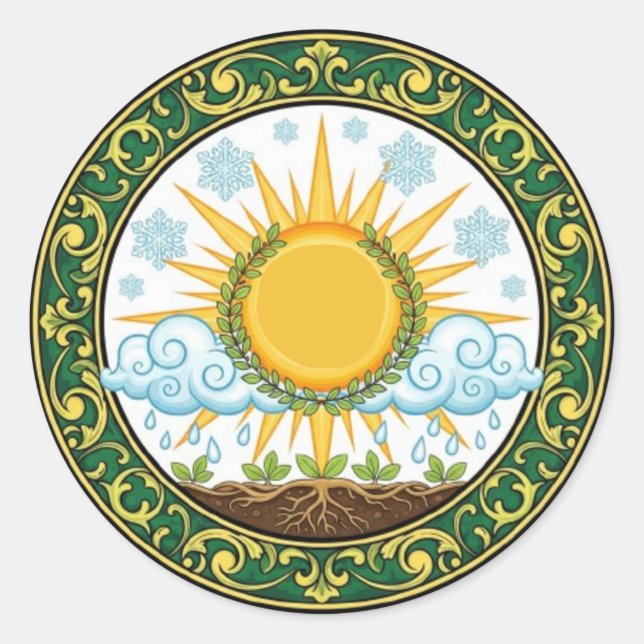 Sun and Rain Nature Cycle Botanical Emblem ART Runder Aufkleber (Vorderseite)