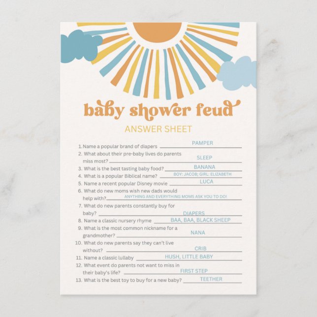 Sun Baby Shower Feud Game Answer Card Einladung (Vorderseite)