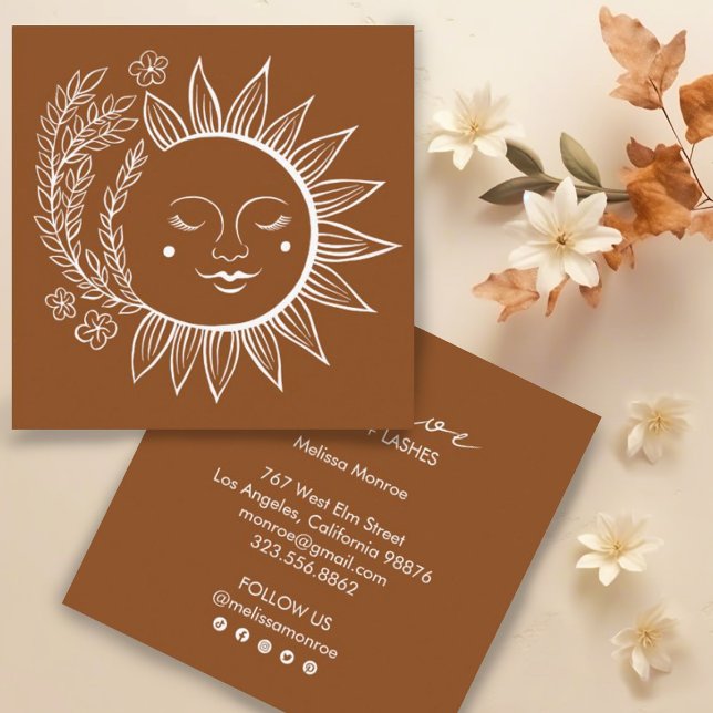 Sun Blume Boho Line Art Earthy Social Media Quadratische Visitenkarte (Pretty boho herbs and floral sun line art. Edit the text and social icons to suit your needs & shine)