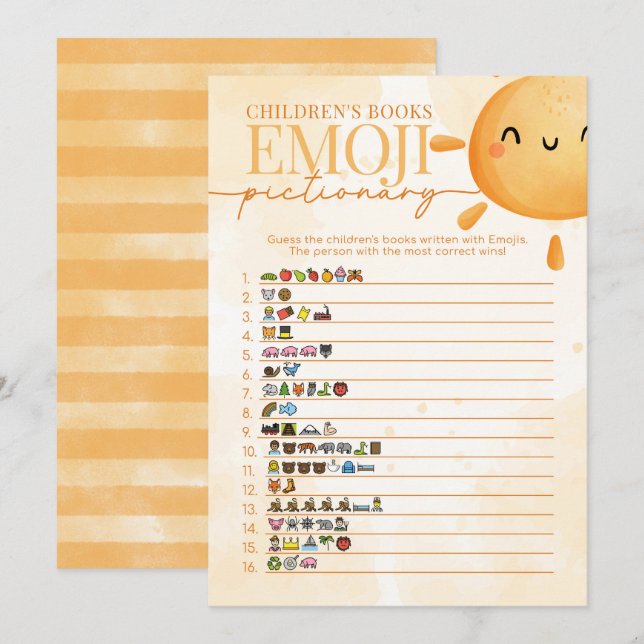 Sun Children's Book Emoji Pictionary Shower Game Einladung (Vorne/Hinten)