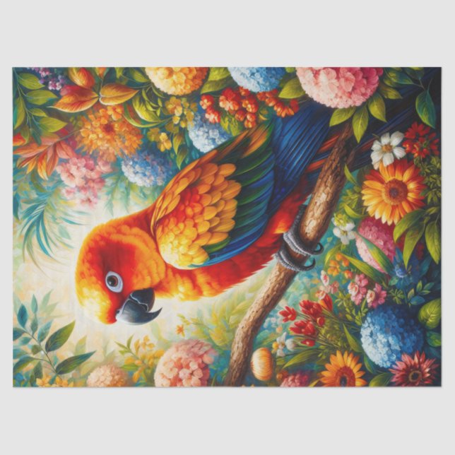 Sun Conure Parrot farbenfrohe Blume Decoupage Seidenpapier (Vorderseite)