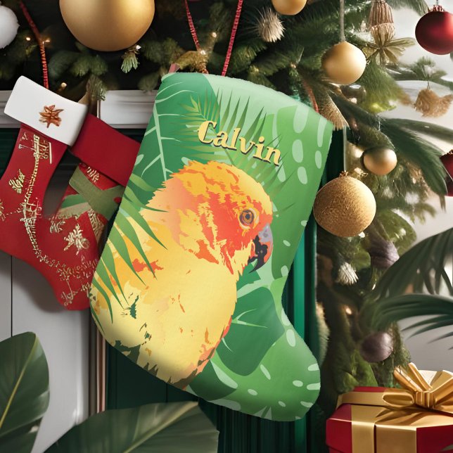Sun Conure Parrot Pop Art Green Tropical Blätter Großer Weihnachtsstrumpf (Sun Conure Parrot Pop Art Green Tropical Leaves Large Christmas Stocking; holiday decor for pet bird)