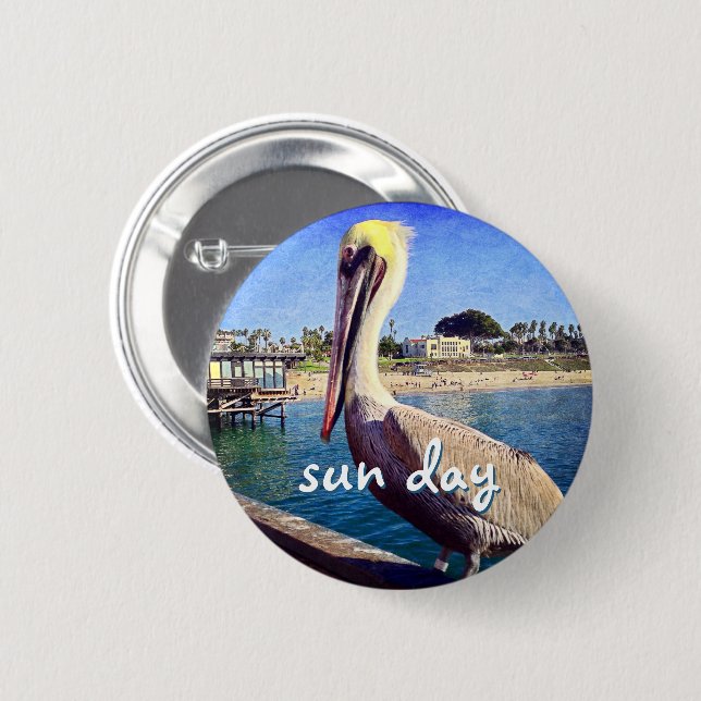 Sun Day Ocean Beach Pier Pelican Bird Foto Niedlic Button (Vorne & Hinten)