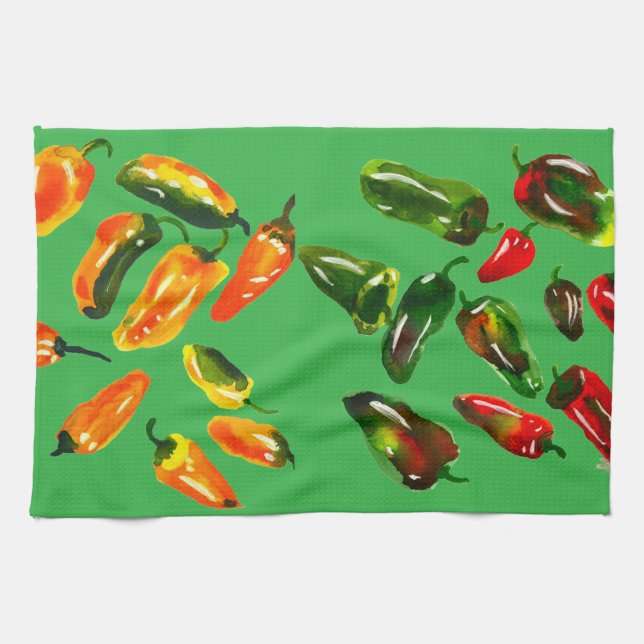 Sun-Drenched Peppers on Bright Green Kitchen Towel Geschirrtuch (Horizontal)