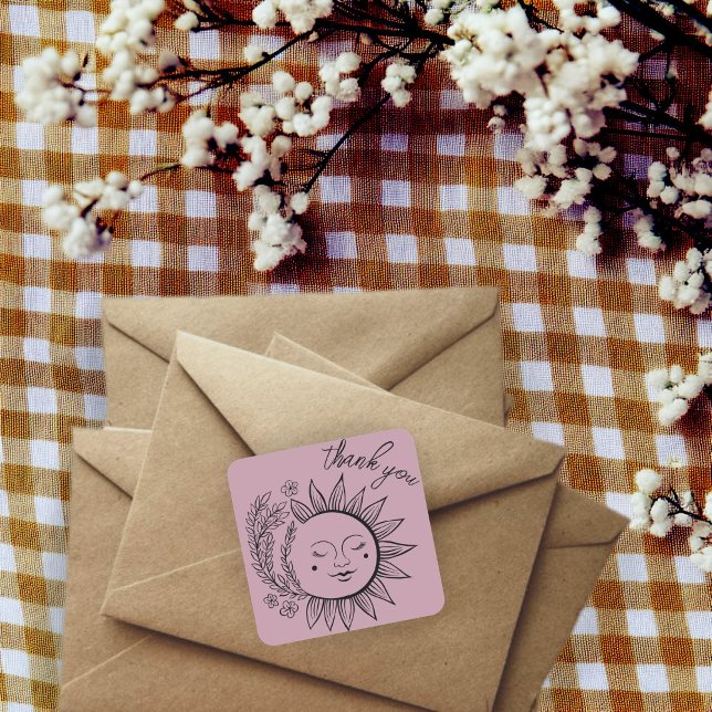 Sun Floral Boho DANK YOU Elegante Chic Dusty Rose Quadratischer Aufkleber (Sun Floral Boho THANK YOU Elegant Chic Dusty Rose Square Sticker
)