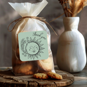 Sun Floral Boho DANK YOU Elegante Chic Sage Green Quadratischer Aufkleber