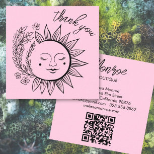 Sun Floral Boho DANK YOU Elegante QR Code Pink Quadratische Visitenkarte