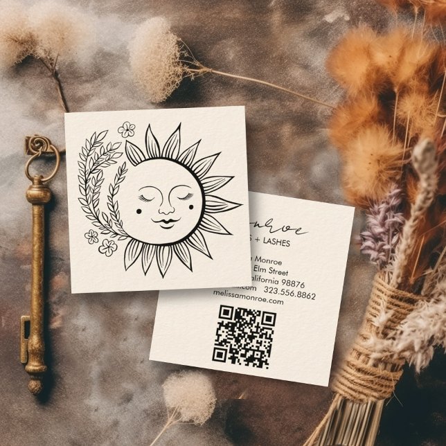 Sun Floral Boho Line Kunst, Dichtung und Musik Quadratische Visitenkarte (Custom business cards with QR code, decorated with a sun and floral pattern. Add your own details)