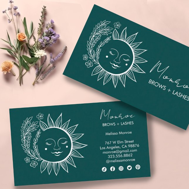 Sun Flower Boho Line Ristorante La Lanchetta Visitenkarte (Pretty herbal sun with social media icons. Customize everything to make it shine!)