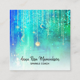 *~* Sun Gold Stars Sparkle Moon Celestimic Cosmic Quadratische Visitenkarte