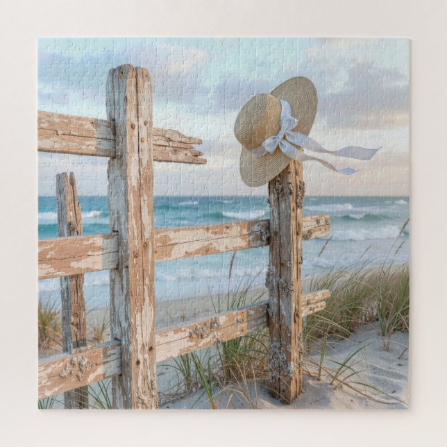 Sun Hat On Rustic Beach Fence Post Puzzle (Vertikal)
