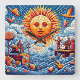 Sun-Kissed Ocean Jam: Festival Moon and Stars Quadratische Wanduhr