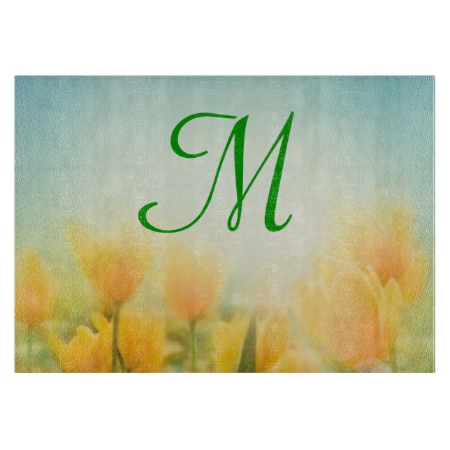 Sun Kissed Tulips Monogramm Glasschneidplatte Schneidebrett (Vorderseite)