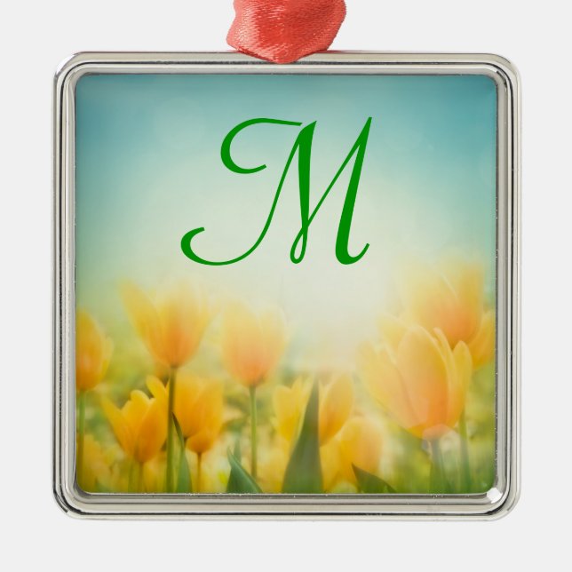 Sun Kissed Yellow Tulips Monogram, Initial Ornamen Silbernes Ornament (Vorne)