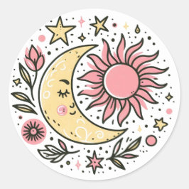 Sun Moon Blumenrosa Gelb Zodiac Astrologisch Runder Aufkleber