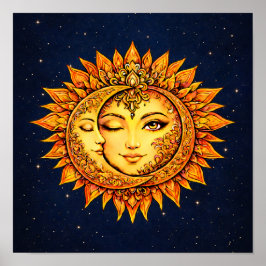 Sun Moon Boho Goddess | Celestial Face Mandala Art Poster