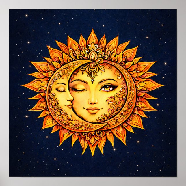 Sun Moon Boho Goddess | Celestial Face Mandala Art Poster (Vorne)