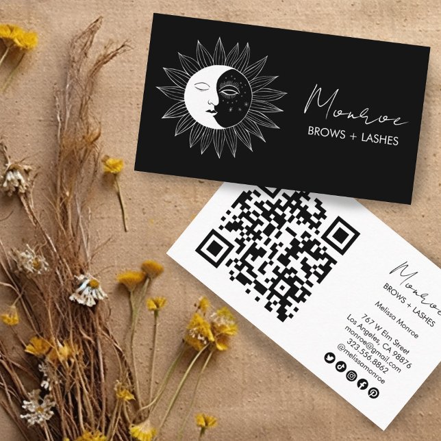Sun & Moon Boho Line Kunst, Dichtung und Musik Visitenkarte (Line art of moon and sun on one side and QR code and social media icons on the other. Customize it!)