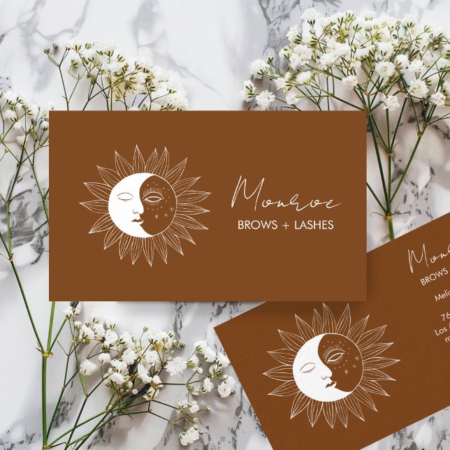 Sun & Moon Boho Line Kunst, Dichtung und Musik Visitenkarte (Sun & Moon Boho Line Art Elegant Earthy Social Media Icons Business Card Brown
)