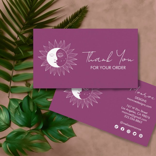 Sun & Moon Boho Social Icons Order Vielen Dank Ber Visitenkarte (Custom thank you for your order cards with a sun and moon illustration and social media icons)