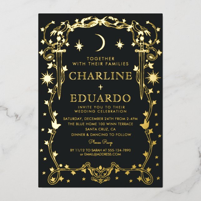 Sun & Moon Golden Ivy Ornament Einladung Hochzeit (Vorderseite)