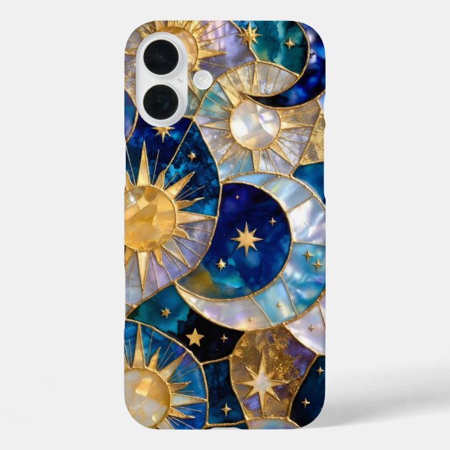 Sun Moon iPhone Hülle Buntglas Blau Gold (Rückseite)