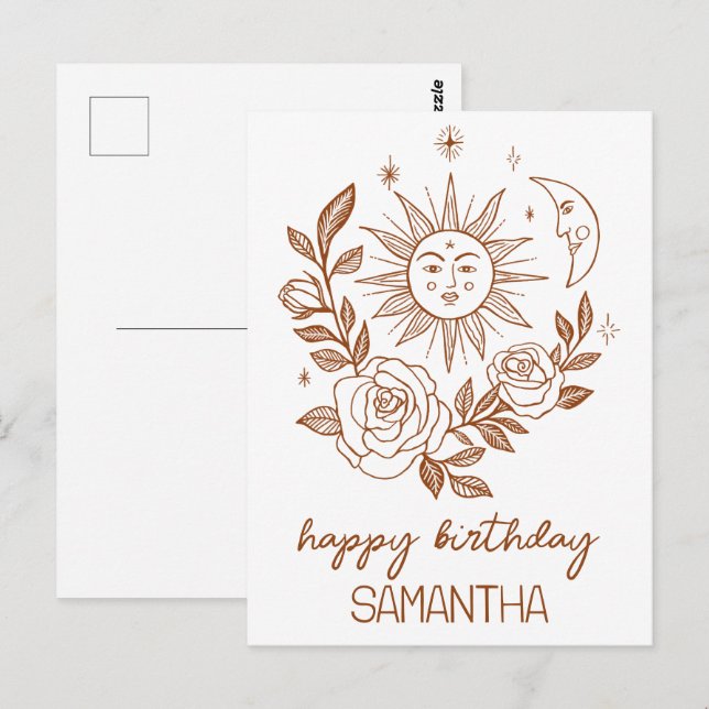 Sun Moon & Rose Boho Magical INDIVIDUELLE NAME BIR Postkarte (Vorne/Hinten)