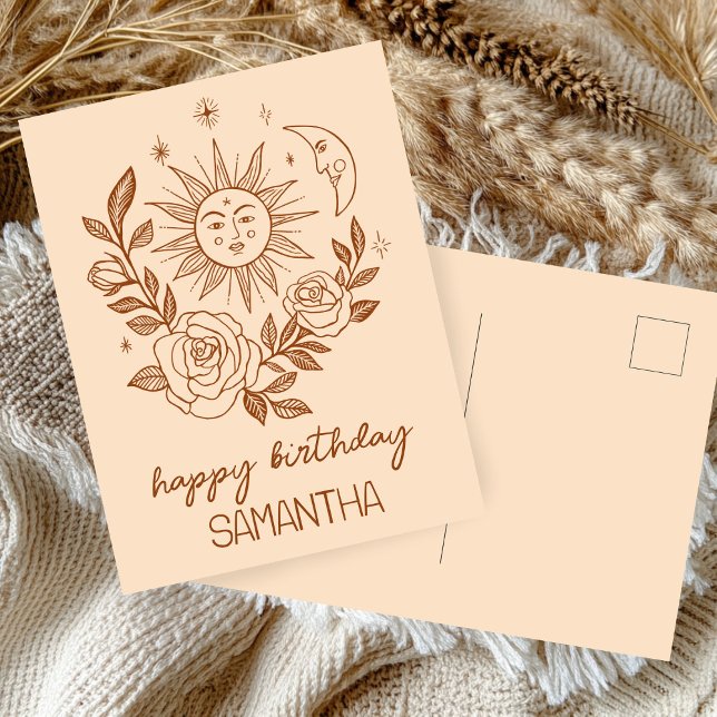 Sun Moon & Rose Boho Magical INDIVIDUELLE NAME BIR Postkarte (Sun Moon & Roses Boho Magical CUSTOM NAME BIRTHDAY Postcard
)